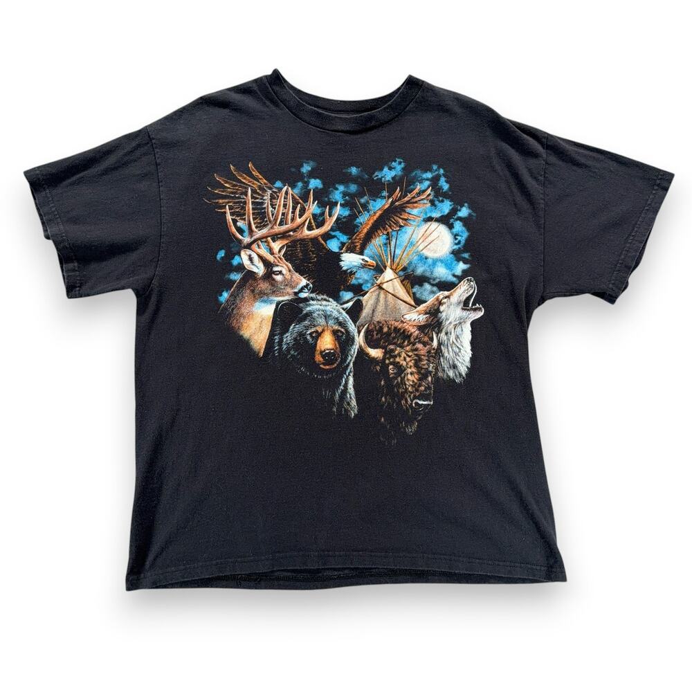 Wildlife Shirt Adult LARGE Black Wolf Bear Deer Eagle Buffalo Nature Spirit Y2K